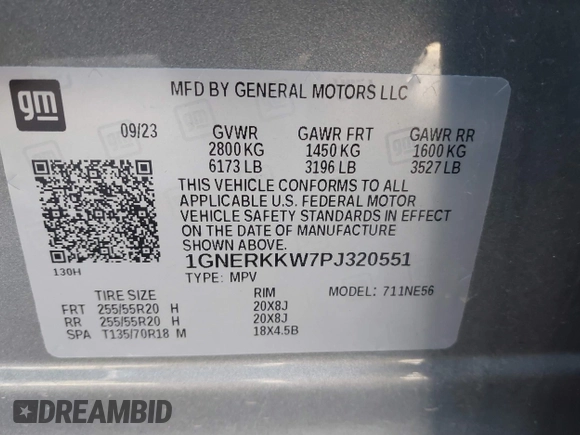 2023 Chevrolet Traverse Premier with VIN 1GNERKKW7PJ320551, listed as a IAAI auction lot 41186853 with 12,432 mi miles and . Bid and sale history available at DreamBid. Image 9.