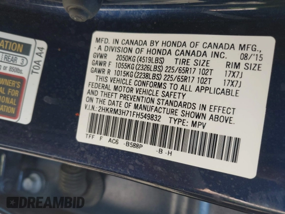 2015 Honda CR-V EX-L with VIN 2HKRM3H71FH549832, listed as a IAAI auction lot 42024750 with 125,734 mi miles. Bid and sale history available at carsss.com. Image 9.