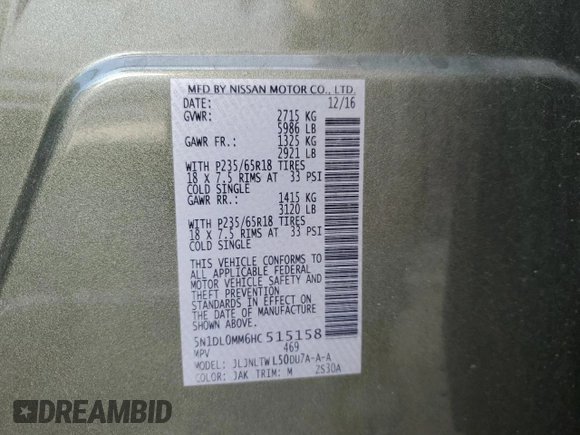 2017 Infiniti QX60 with VIN 5N1DL0MM6HC515158, listed as a Copart auction lot 56573325 with 107,132 mi miles and Clean Title. Bid and sale history available at DreamBid. Image 13.