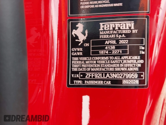 2022 Ferrari F8 с VIN ZFF92LLA3N0279959, выставлен на аукционе IAAI как лот 40522256 с пробегом Не указан миль и . История ставок и продаж доступна на DreamBid. Изображение 9.