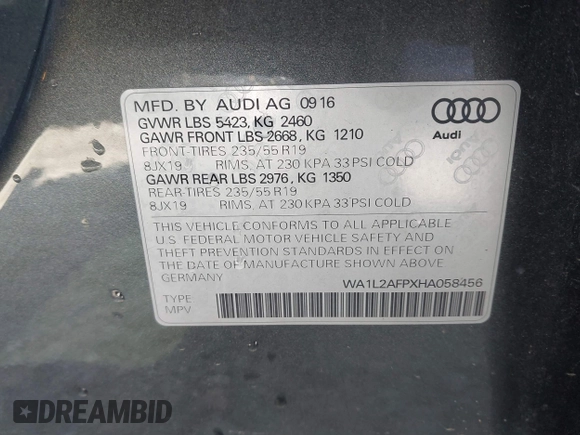 2017 Audi Q5 Premium Plus z VIN WA1L2AFPXHA058456, wystawiony jako IAAI lot #42061778 z przebiegiem 145 544 mil mil oraz . Historia ofert i sprzedaży dostępna na DreamBid. Obrazek 9.