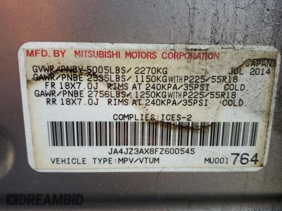 2015 Mitsubishi Outlander SE with VIN JA4JZ3AX8FZ600545, listed as a Copart auction lot 64548555 with 200,866 mi miles and Salvage title. Bid and sale history available at DreamBid. Image 14.