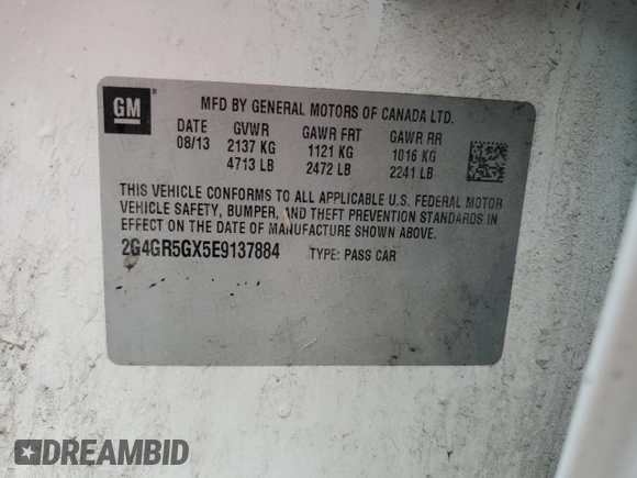 2014 Buick Regal Premium II с VIN 2G4GR5GX5E9137884, выставлен на аукционе Copart как лот 61666505 с пробегом 218 140 миль миль и Чистый • Clean title. История ставок и продаж доступна на DreamBid. Изображение 12.