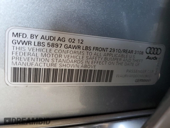 2012 Audi A8 with VIN WAURVAFD0CN028037, listed as a Copart auction lot 61004815 with 97,424 mi miles and Salvage title. Bid and sale history available at DreamBid. Image 12.