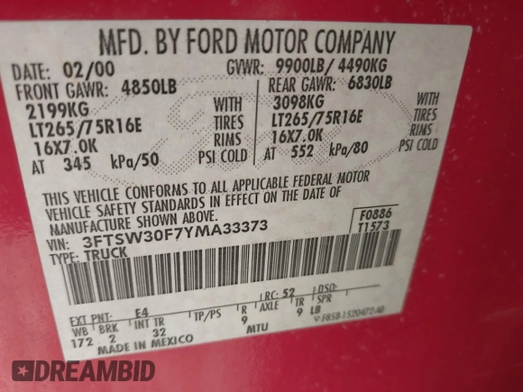 2000 Ford F-350 XL with VIN 3FTSW30F7YMA33373, listed as a IAAI auction lot 42512365 with 318,628 mi miles and . Bid and sale history available at DreamBid. Image 9.