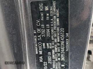 2022 Kia Forte LXS with VIN 3KPF24AD3NE456120, listed as a Copart auction lot 89173335 with 33,753 mi miles and Salvage Title. Bid and sale history available at carsss.com. Image 12.