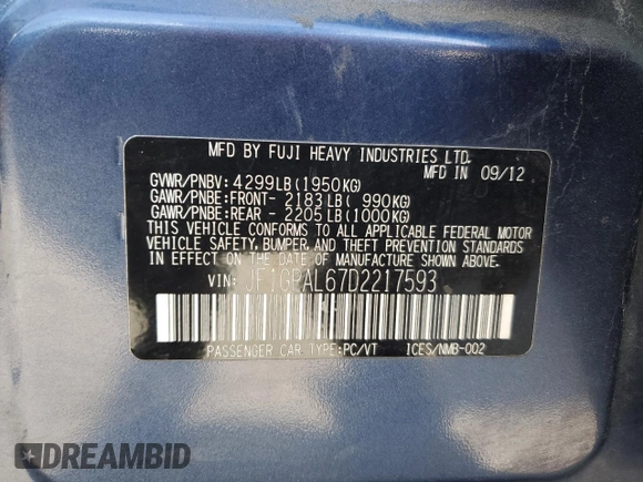 2013 Subaru Impreza Special Sports Premium with VIN JF1GPAL67D2217593, listed as a Copart auction lot 57639915 with 190,878 mi miles and Salvage title. Bid and sale history available at DreamBid. Image 12.