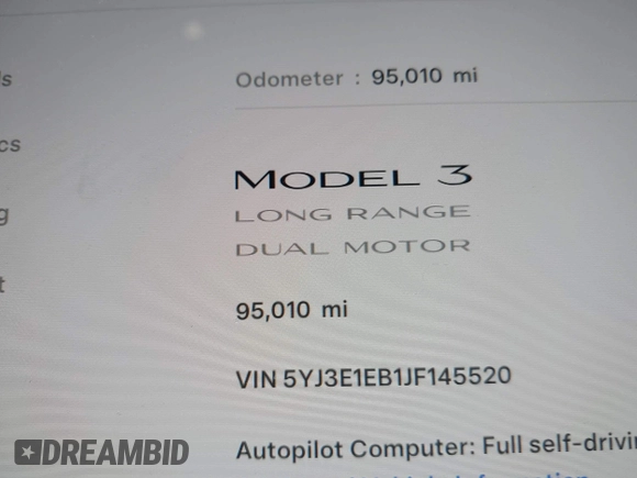 2018 Tesla Model 3 Long Range Battery with VIN 5YJ3E1EB1JF145520, listed as a IAAI auction lot 41360939 with 95,010 mi miles and . Bid and sale history available at DreamBid. Image 15.