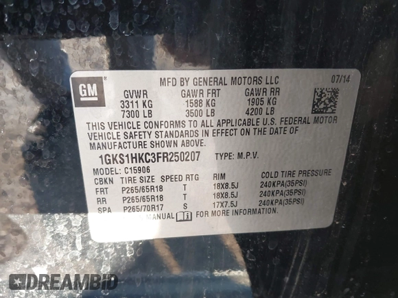 2015 GMC Yukon XL SLT with VIN 1GKS1HKC3FR250207, listed as a IAAI auction lot 41424234 with 183,233 mi miles. Bid and sale history available at carsss.com. Image 9.