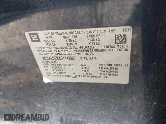 2016 Chevrolet Equinox LS with VIN 2GNALBEKXG1143996, listed as a IAAI auction lot 41707193 with 113,287 mi miles and . Bid and sale history available at carsss.com. Image 9.