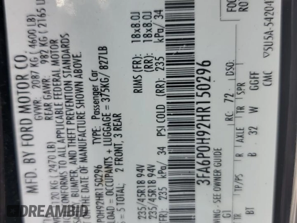2017 Ford Fusion SE z VIN 3FA6P0H92HR150296, wystawiony jako Copart lot #57075385 z przebiegiem 135 304 mil mil oraz Szkoda całkowita • Salvage title. Historia ofert i sprzedaży dostępna na DreamBid. Obrazek 12.