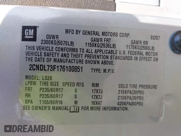 2007 Chevrolet Equinox LT z VIN 2CNDL73F176100851, wystawiony jako IAAI lot #42117225 z przebiegiem Nie podano mil oraz . Historia ofert i sprzedaży dostępna na DreamBid. Obrazek 9.