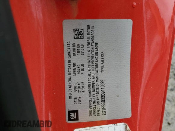 2013 Chevrolet Camaro LT with VIN 2G1FB3D32D9110529, listed as a Copart auction lot 50945235 with 166,837 mi miles and Salvage title. Bid and sale history available at DreamBid. Image 15.