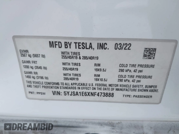2022 Tesla Model S Plaid with VIN 5YJSA1E6XNF473888, listed as a IAAI auction lot 42141141 with 28,584 mi miles and . Bid and sale history available at carsss.com. Image 9.
