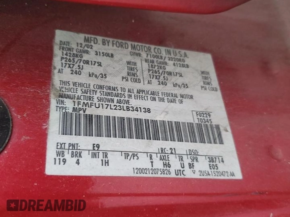 2003 Ford Expedition Eddie Bauer with VIN 1FMFU17L23LB34138, listed as a Copart auction lot 56246555 with 221,758 mi miles and Salvage title. Bid and sale history available at DreamBid. Image 14.