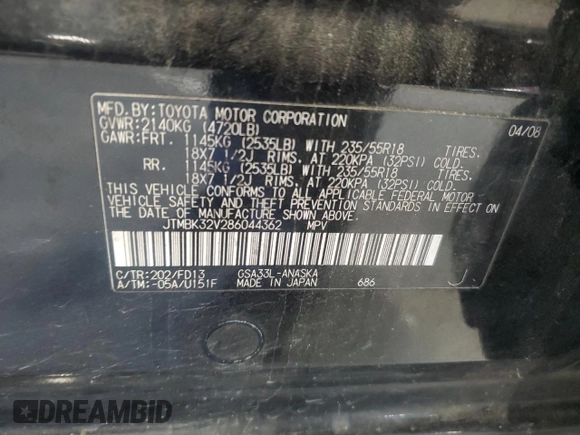 2008 Toyota RAV4 Sport with VIN JTMBK32V286044362, listed as a Copart auction lot 50652635 with 260,079 mi miles and Salvage Title. Bid and sale history available at carsss.com. Image 14.
