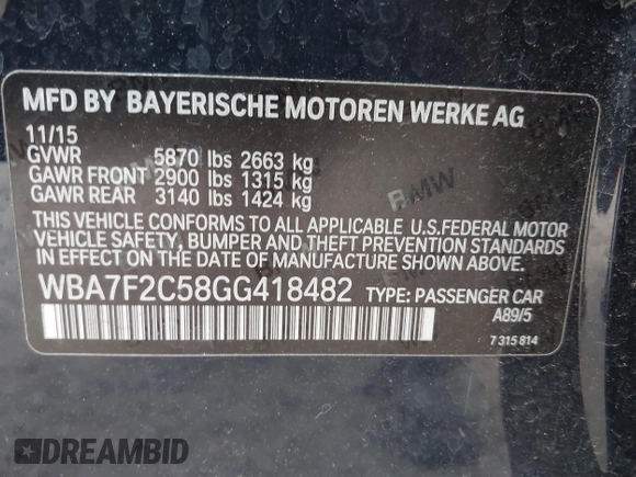 2016 BMW 7 Series 750i xDrive with VIN WBA7F2C58GG418482, listed as a IAAI auction lot 41931831 with 97,776 mi miles and . Bid and sale history available at DreamBid. Image 9.