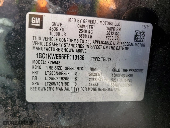 2015 Chevrolet Silverado 2500HD LTZ with VIN 1GC1KWE86FF110136, listed as a Copart auction lot 47500995 with 204,262 mi miles and Salvage Title. Bid and sale history available at carsss.com. Image 12.