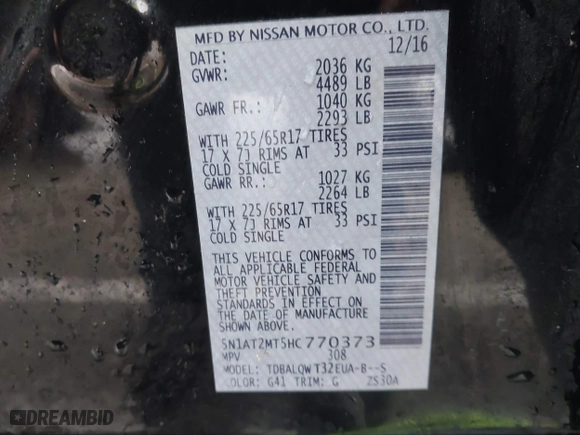 2017 Nissan Rogue SL with VIN 5N1AT2MT5HC770373, listed as a IAAI auction lot 41141381 with 117,950 mi miles. Bid and sale history available at carsss.com. Image 9.