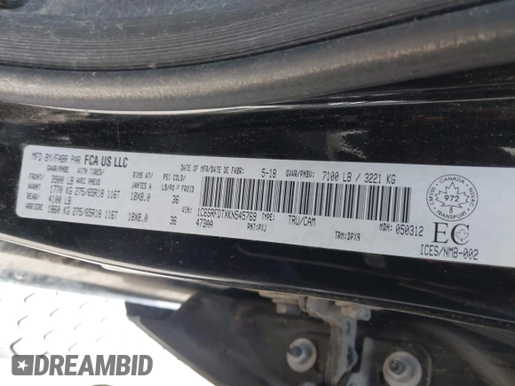 2019 Ram 1500 Laramie with VIN 1C6SRFDTXKN545769, listed as a IAAI auction lot 41969816 with 98,230 mi miles. Bid and sale history available at carsss.com. Image 9.