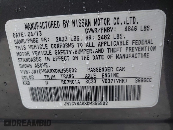 2013 Infiniti G37 x z VIN JN1CV6ARXDM355502, wystawiony jako IAAI lot #42311221 z przebiegiem Nie podano mil oraz . Historia ofert i sprzedaży dostępna na DreamBid. Obrazek 9.