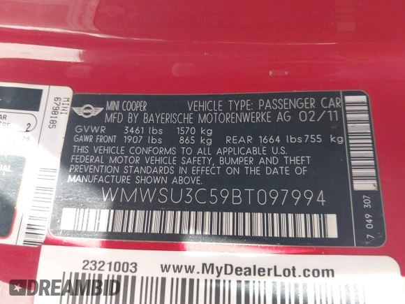 2011 MINI Hardtop with VIN WMWSU3C59BT097994, listed as a IAAI auction lot 42830893 with 138,074 mi miles and . Bid and sale history available at DreamBid. Image 9.
