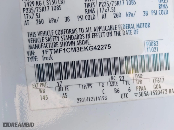 2014 Ford F-150 XL with VIN 1FTMF1CM3EKG42275, listed as a IAAI auction lot 41567171 with 187,849 mi miles. Bid and sale history available at carsss.com. Image 9.