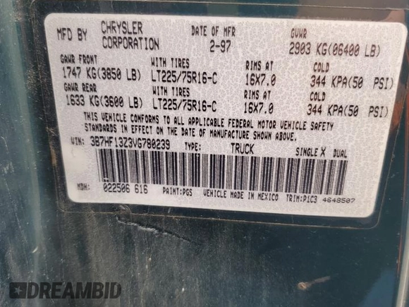 1997 Dodge 1500 with VIN 3B7HF13Z3VG780239, listed as a Copart auction lot 51706095 with 264,090 mi miles and Salvage title. Bid and sale history available at DreamBid. Image 14.