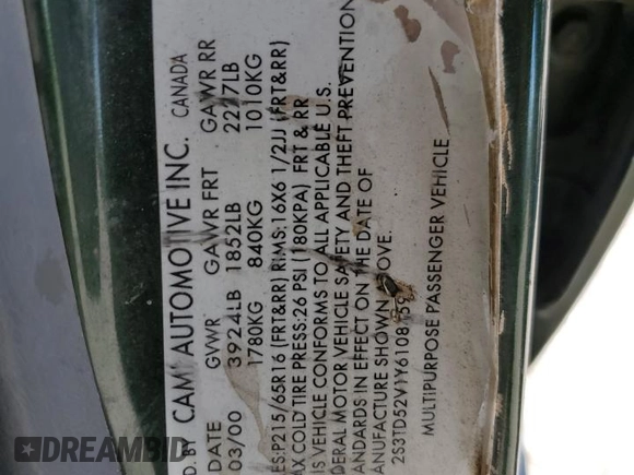 2000 Suzuki Vitara JX z VIN 2S3TD52V1Y6108459, wystawiony jako Copart lot #75526644 z przebiegiem 263 433 mil mil oraz Szkody całkowita. Historia ofert i sprzedaży dostępna na DreamBid. Obrazek 13.
