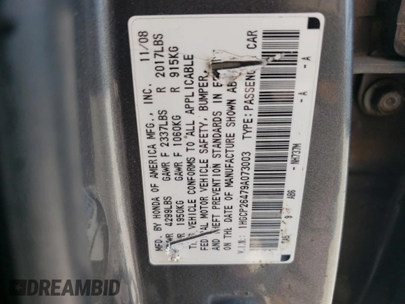 2009 Honda Accord LX-P z VIN 1HGCP26479A073003, wystawiony jako Copart lot #59108425 z przebiegiem 219 915 mil mil oraz Szkoda całkowita • Salvage title. Historia ofert i sprzedaży dostępna na DreamBid. Obrazek 12.