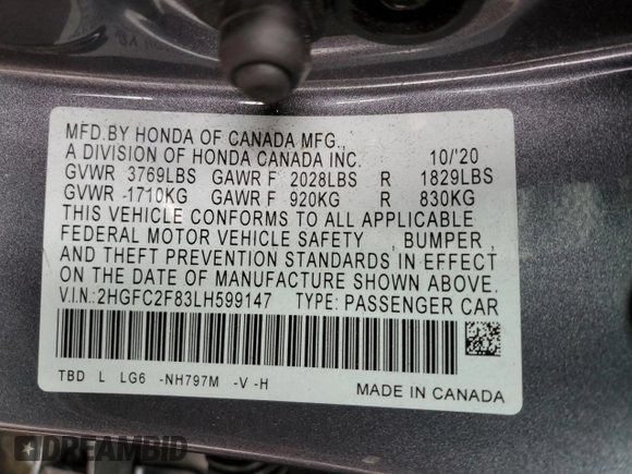 2020 Honda Civic Sedan Sport with VIN 2HGFC2F83LH599147, listed as a Copart auction lot 50555115 with 70,181 mi miles and Salvage Title. Bid and sale history available at carsss.com. Image 12.