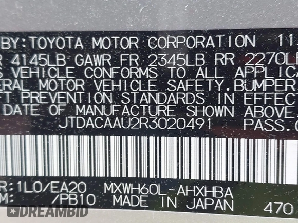 2024 Toyota Prius LE with VIN JTDACAAU2R3020491, listed as a IAAI auction lot 42004580 with 22,812 mi miles and . Bid and sale history available at DreamBid. Image 9.