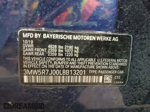 2020 BMW 3 Series 330i xDrive with VIN 3MW5R7J00L8B13201, listed as a Copart auction lot 47948255 with Not Provided miles and Non Repairable. Bid and sale history available at DreamBid. Image 12.
