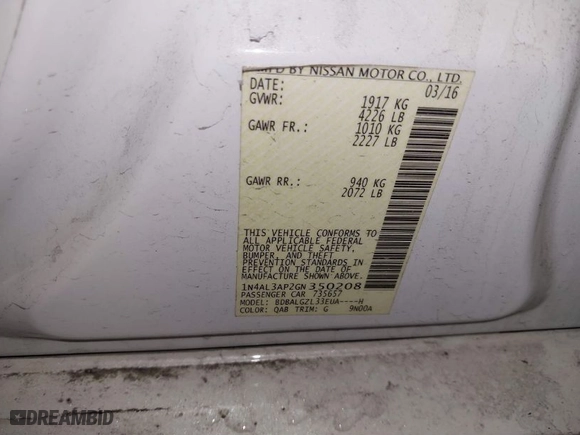 2016 Nissan Altima 2.5 SR with VIN 1N4AL3AP2GN350208, listed as a IAAI auction lot 41839230 with 129,492 mi miles. Bid and sale history available at carsss.com. Image 9.