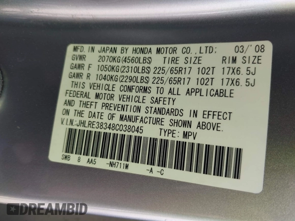 2008 Honda CR-V LX with VIN JHLRE38348C038045, listed as a IAAI auction lot 41896738 with 119,447 mi miles and . Bid and sale history available at carsss.com. Image 9.