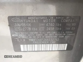 2006 Hyundai Azera SE with VIN KMHFC46F26A132762, listed as a IAAI auction lot 42142152 with 165,673 mi miles and . Bid and sale history available at DreamBid. Image 9.
