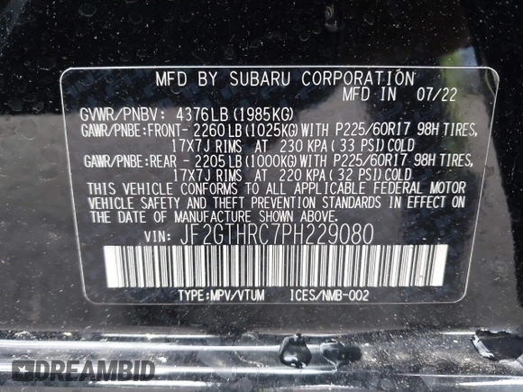2023 Subaru Crosstrek Special Sports with VIN JF2GTHRC7PH229080, listed as a IAAI auction lot 42331048 with 43,709 mi miles and . Bid and sale history available at DreamBid. Image 9.