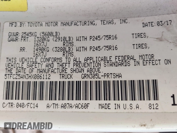 2017 Toyota Tacoma SR5 with VIN 5TFCZ5AN3HX086112, listed as a IAAI auction lot 41247889 with Not Provided miles and . Bid and sale history available at DreamBid. Image 9.