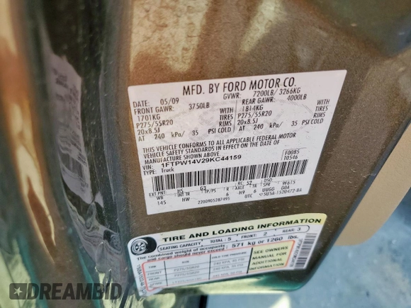 2009 Ford F-150 XL z VIN 1FTPW14V29KC44159, wystawiony jako Copart lot #51895925 z przebiegiem 196 037 mil mil oraz Szkoda całkowita • Salvage title. Historia ofert i sprzedaży dostępna na DreamBid. Obrazek 13.