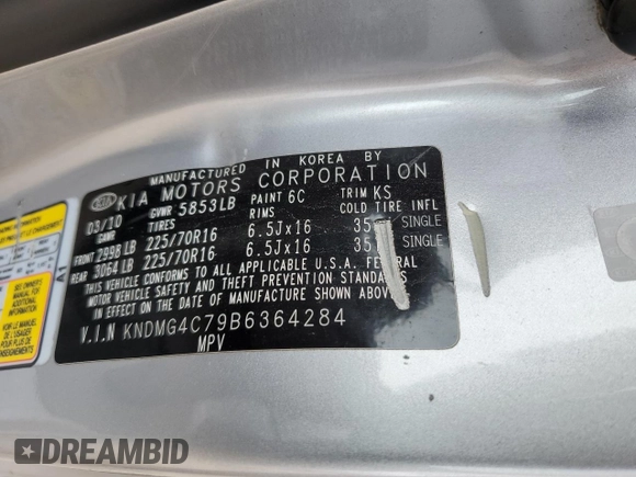 2011 Kia Sedona LX with VIN KNDMG4C79B6364284, listed as a Copart auction lot 70385124 with 308,471 mi miles and Clean Title. Bid and sale history available at carsss.com. Image 13.