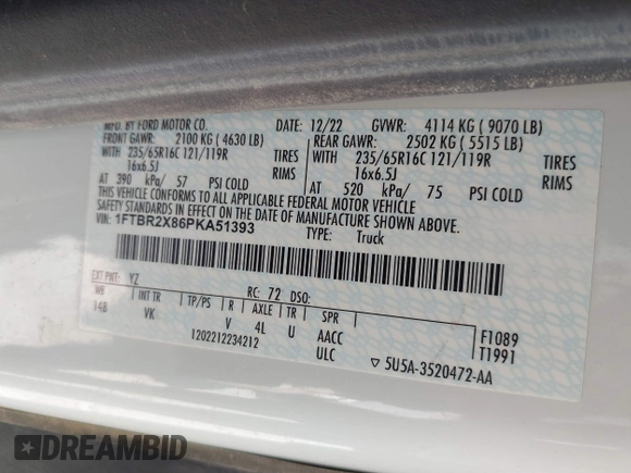 2023 Ford Transit Cargo with VIN 1FTBR2X86PKA51393, listed as a IAAI auction lot 41769269 with 91,032 mi miles and . Bid and sale history available at DreamBid. Image 9.