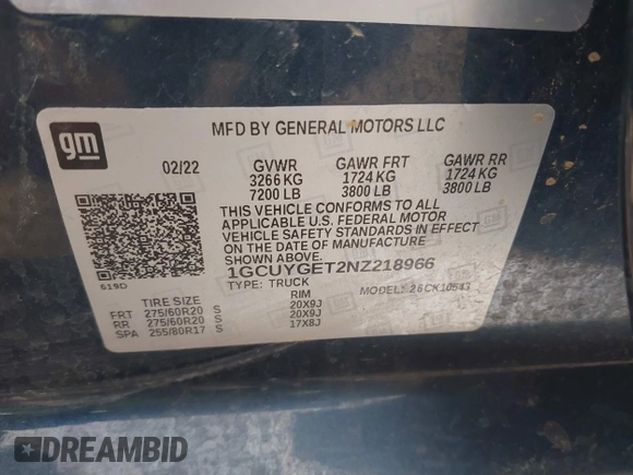 2022 Chevrolet Silverado 1500 LTZ with VIN 1GCUYGET2NZ218966, listed as a IAAI auction lot 41903104 with 101,800 mi miles and . Bid and sale history available at DreamBid. Image 9.