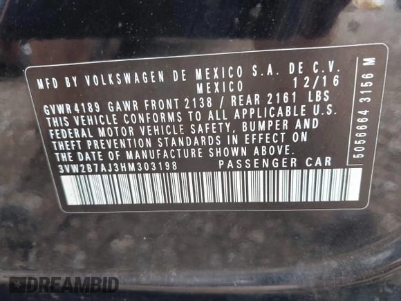 2017 Volkswagen Jetta S z VIN 3VW2B7AJ3HM303198, wystawiony jako IAAI lot #42651056 z przebiegiem 126 253 mil mil oraz . Historia ofert i sprzedaży dostępna na DreamBid. Obrazek 9.