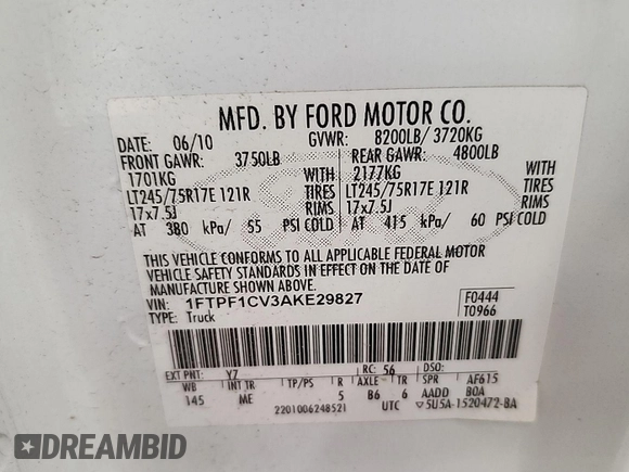 2010 Ford F-150 with VIN 1FTPF1CV3AKE29827, listed as a IAAI auction lot 42782596 with 152,434 mi miles and . Bid and sale history available at DreamBid. Image 29.