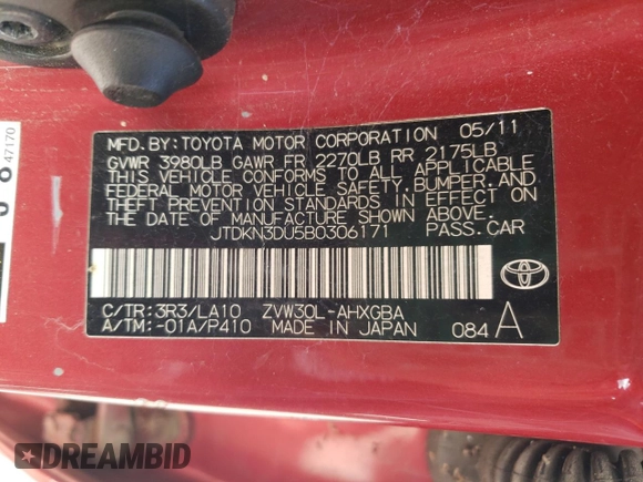 2011 Toyota Prius I with VIN JTDKN3DU5B0306171, listed as a Copart auction lot 55897395 with 165,088 mi miles and Clean Title. Bid and sale history available at DreamBid. Image 12.