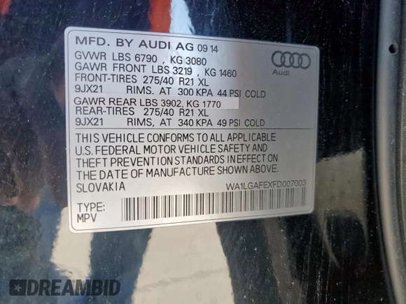 2015 Audi Q7 Premium Plus with VIN WA1LGAFEXFD007003, listed as a Copart auction lot 48522145 with 69,468 mi miles and Salvage Title. Bid and sale history available at DreamBid. Image 13.