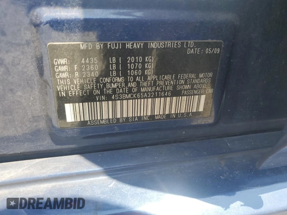 2010 Subaru Legacy Limited Moon with VIN 4S3BMCK65A3211646, listed as a Copart auction lot 64209905 with 251,804 mi miles and Salvage title. Bid and sale history available at DreamBid. Image 12.