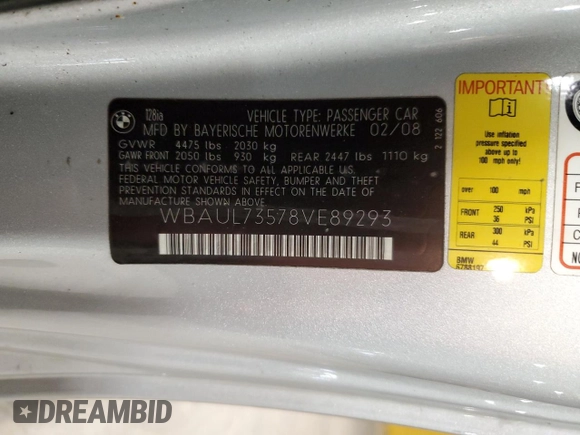 2008 BMW 1 Series 128i with VIN WBAUL73578VE89293, listed as a Copart auction lot 61902535 with 168,652 mi miles and Salvage title. Bid and sale history available at DreamBid. Image 12.