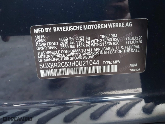 2017 BMW X5 sDrive35i with VIN 5UXKR2C53H0U21044, listed as a IAAI auction lot 41946564 with 54,585 mi miles. Bid and sale history available at carsss.com. Image 9.