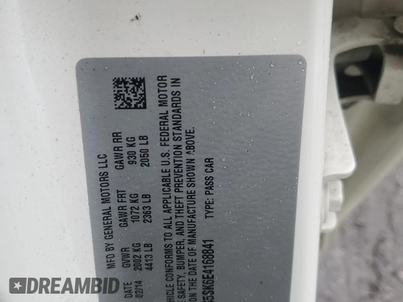 2014 Buick Verano Group with VIN 1G4PS5SK6E4168841, listed as a Copart auction lot 57608895 with 139,303 mi miles and Salvage title. Bid and sale history available at DreamBid. Image 13.